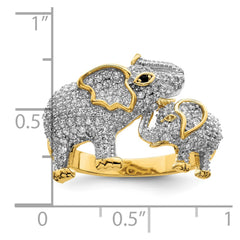 Sterling Silver Rhodium-plated Gold Tone Mom & Baby CZ Elephants Ring - 2