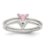 Sterling Silver Pink Trillion CZ and White CZ Ring Set - 3