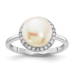 Sterling Silver Rhodium-plated 9-10mm Button White Freshwater Cultured Pearl and CZ Ring - 2