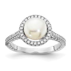 Sterling Silver Rhodium-plated 7-8mm Button White Freshwater Cultured Pearl and CZ Ring - 2