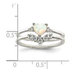 Sterling Silver CZ & Heart Created White Opal Double Band Ring - 2