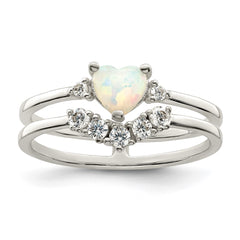 Sterling Silver CZ & Heart Created White Opal Double Band Ring - 2