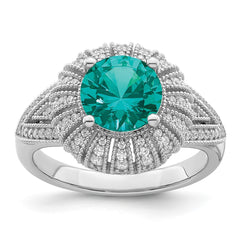 Sterling Silver Rhodium-plated Clear and Teal CZ Vintage Style Ring - 2