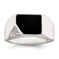 Sterling Silver Black Enameled and CZ Mens Ring - 2