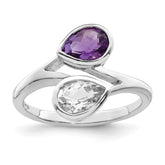 Sterling Silver Rhodium-plated Pear Shape Amethyst & White Topaz Ring