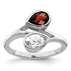 Sterling Silver Rhodium-plated Polished Garnet & White Topaz ByPass Ring - 3