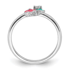 Sterling Silver RH-plated Blue/Pink Enameled & CZ Floral Children's Ring - 2