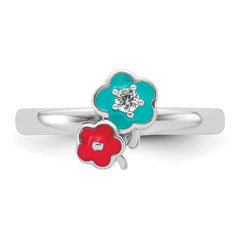 Sterling Silver RH-plated Blue/Pink Enameled & CZ Floral Children's Ring - 2