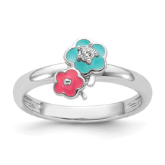 Sterling Silver RH-plated Blue/Pink Enameled & CZ Floral Children's Ring - 2