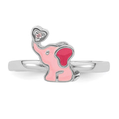 Sterling Silver Rhodium-plated Pink Enamel & CZ Elephant Children's Ring - 2