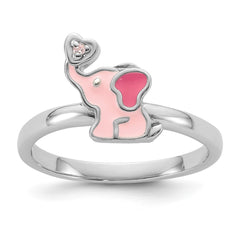 Sterling Silver Rhodium-plated Pink Enamel & CZ Elephant Children's Ring - 2