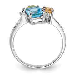 SS Rh Lt.Swiss Blue Topaz/ White Topaz and Peridot and Citrine Ring - 2