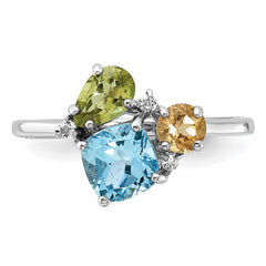 SS Rh Lt.Swiss Blue Topaz/ White Topaz and Peridot and Citrine Ring - 2