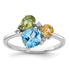 SS Rh Lt.Swiss Blue Topaz/ White Topaz and Peridot and Citrine Ring - 2
