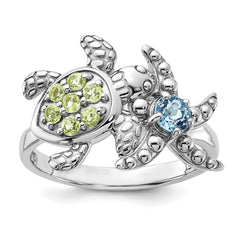 Sterling Silver Rhodium-plated Peridot and Light Swiss Blue Topaz Turtle and Starfish Ring - 3
