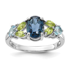 SS Rhodium London Lt.Swiss Blue/White Topaz and Peridot Ring - 2