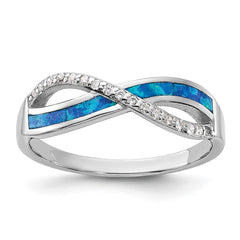 Sterling Silver RH-plated CZ and Blue Cr. Opal Inlay Infinity Symbol Ring - 2