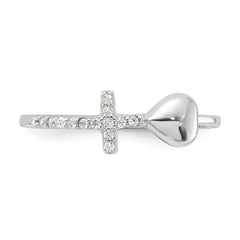 Sterling Silver Rhodium-plated Heart and CZ Cross Ring - 3