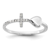 Sterling Silver Rhodium-plated Heart and CZ Cross Ring - 3