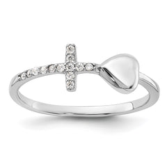 Sterling Silver Rhodium-plated Heart and CZ Cross Ring