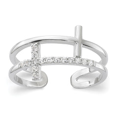 Sterling Silver E-coated CZ Cross Open Back Ring