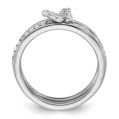 Sterling Silver RH-plated CZ Butterfly Ring with Two Plain Bands 3 Ring Set