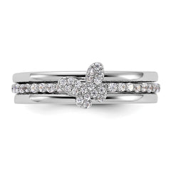 Sterling Silver RH-plated CZ Butterfly Ring with Two Plain Bands 3 Ring Set - 3
