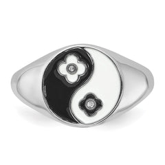 Sterling Silver Rhodium-plated Enameled Yin Yang CZ Ring - 2