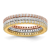 Sterling Silver Rhodium-plated Gold and Rose-tone CZ 3 Eternity Band Set - 2