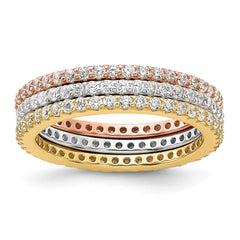 Sterling Silver Rhodium-plated Gold and Rose-tone CZ 3 Eternity Band Set - 2