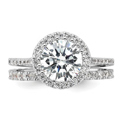 Sterling Silver RH-plated CZ Halo Engagement Ring and Eternity Band Set - 2