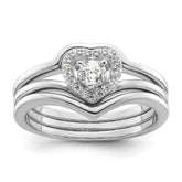Sterling Silver Rhodium-plated CZ Heart and Bands Three Ring Set - 3