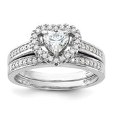 Sterling Silver Rhodium-plated CZ Heart and Band 2 Ring Set - 2
