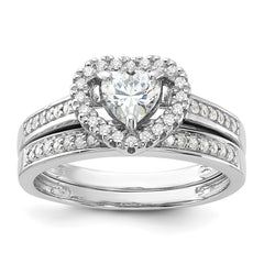 Sterling Silver Rhodium-plated CZ Heart and Band 2 Ring Set - 2