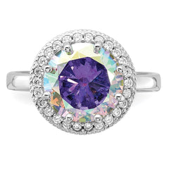 Sterling Silver Rhodium-plated Clear and Iridescent CZ Rnd Halo Ring - 3