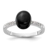 Sterling Silver Rhodium-plated Onyx and .2WT White Topaz Ring