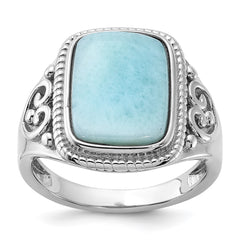 Sterling Silver Rhodium-plated Oxidized with Rectangular Larimar Ring - 2
