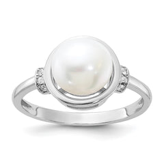 Sterling Silver Rhodium-plated 8-9mm White Button Freshwater Cultured Pearl and CZ Circle Ring - 3