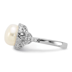 Sterling Silver Rhodium-plated 9-10mm White Button Freshwater Cultured Pearl and CZ Ring - 3