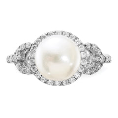 Sterling Silver Rhodium-plated 9-10mm White Button Freshwater Cultured Pearl and CZ Ring - 3