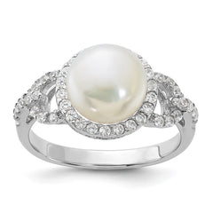 Sterling Silver Rhodium-plated 9-10mm White Button Freshwater Cultured Pearl and CZ Ring - 3