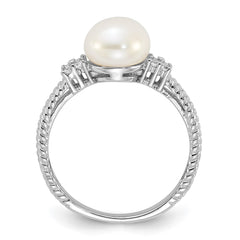 Sterling Silver Rhodium-plated 8-9mm White Button Freshwater Cultured Pearl and CZ Ring - 6
