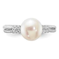 Sterling Silver Rhodium-plated 8-9mm White Button Freshwater Cultured Pearl and CZ Ring - 6