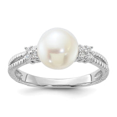 Sterling Silver Rhodium-plated 8-9mm White Button Freshwater Cultured Pearl and CZ Ring - 6