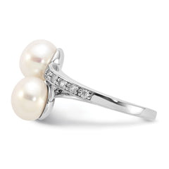 Sterling Silver Rhodium-plated 8-9mm White Button Freshwater Cultured Pearl and CZ Bypass Ring - 2