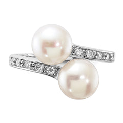 Sterling Silver Rhodium-plated 8-9mm White Button Freshwater Cultured Pearl and CZ Bypass Ring - 2