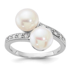 Sterling Silver Rhodium-plated 8-9mm White Button Freshwater Cultured Pearl and CZ Bypass Ring - 2
