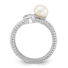 Sterling Silver Rhodium-plated 6-7mm White Freshwater Cultured Pearl and CZ 3 Ring Set - 3