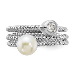 Sterling Silver Rhodium-plated 6-7mm White Freshwater Cultured Pearl and CZ 3 Ring Set - 3