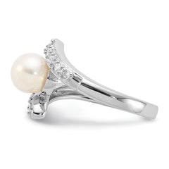 Sterling Silver Rhodium-plated 6-7mm White Freshwater Cultured Pearl and CZ Bypass Ring - 3